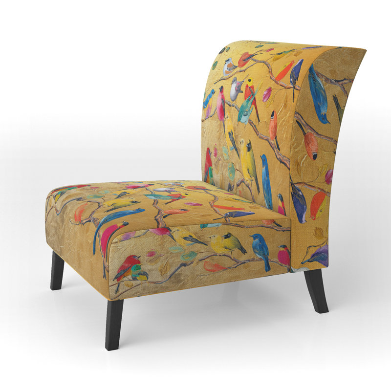 Multi-Color Bird On Tree - Upholstered Farmhouse Accent Slipper Chair, Orange Polyester Blend