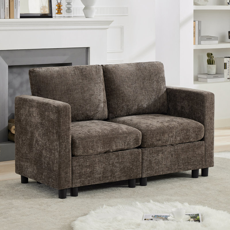 58.3” Upholstered Loveseat Modular Sofa With Under-Seat-Storage, Chenille, Brown Chenille