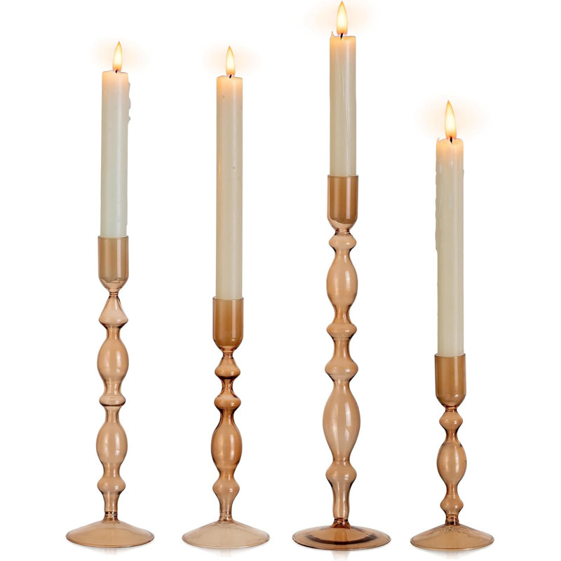Modern Glass Candle Holder Set Of 4 - Tall Tapered Candlestick Holders For Dining Table Centerpiece, Christmas Party, And Home Decor
