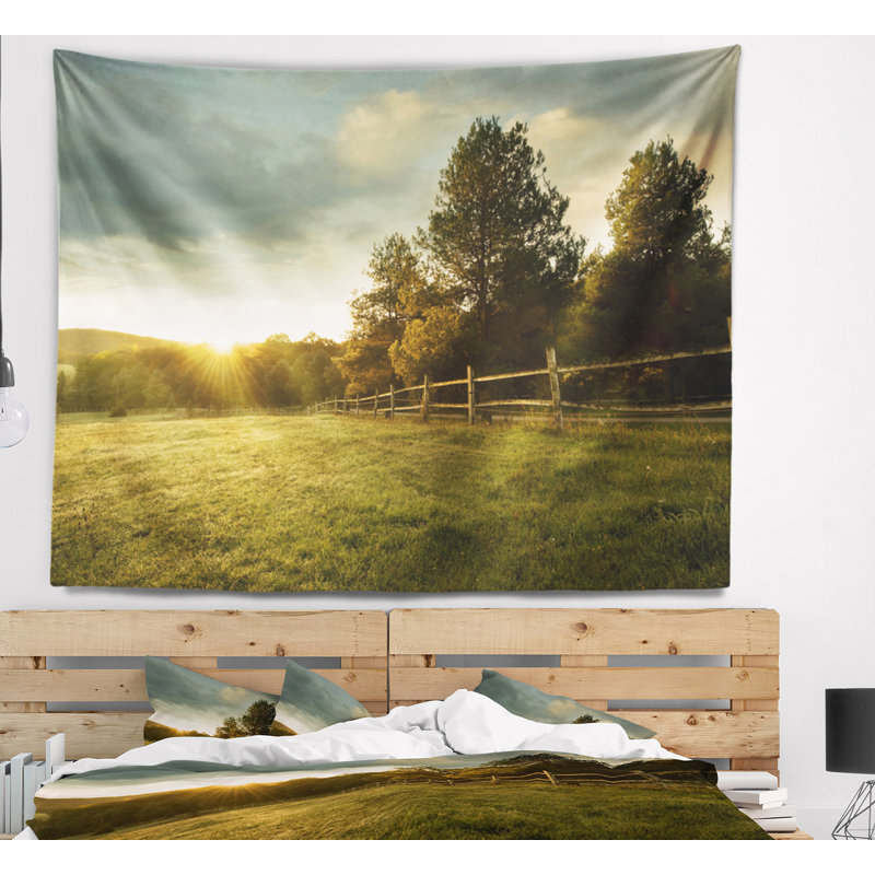 Paysage, beau lever de soleil dans la tapisserie de la ferme, H 32 po x l 39 po