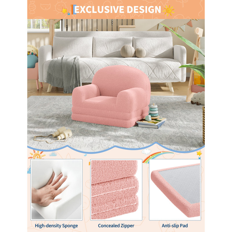 2-in-1 Convertible Kids Sofa Chair – Soft Sherpa, High-Density Foam, Fold Out Lounger for Playroom, Nursery, Bedroom – Comfy Toddler Couch, Machine Washable – Pink