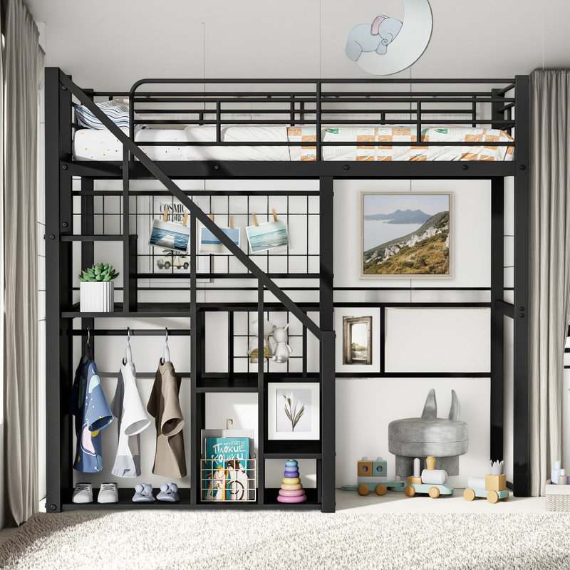 Twin Size Metal Loft Bed with Storage Staircase and Integrated Wardrobe, Space-Saving Design, Black