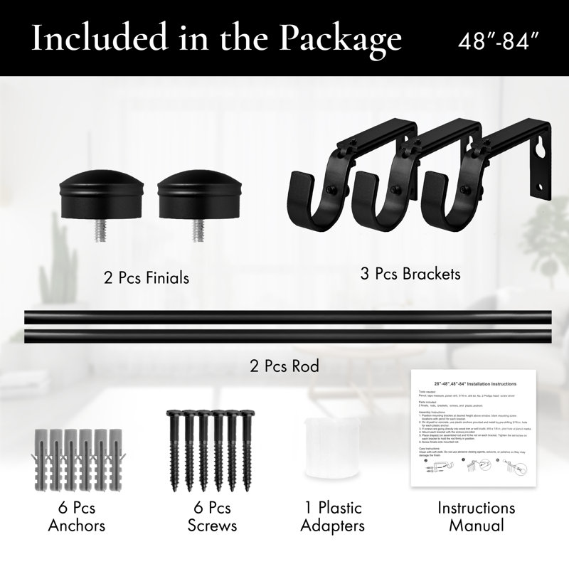 Caty Adjustable Single Curtain Rod, 48" - 84", Black