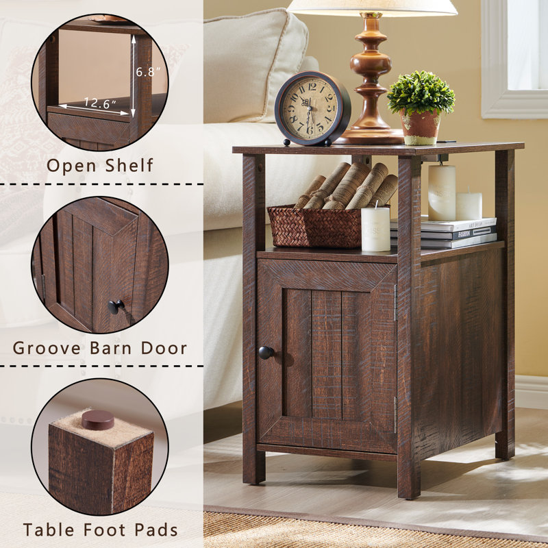 Willkie Farmhouse Nightstand Set , End Table with Charging Station, w/Barn Door & Open Shelves, Brown