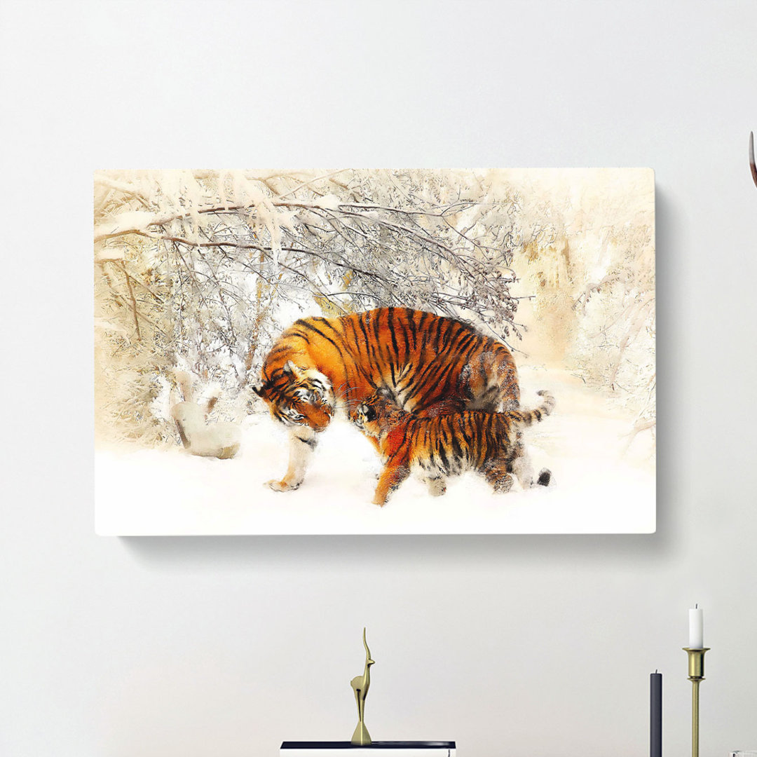 Mother Tiger And Cub In Winter - Wrapped Canvas