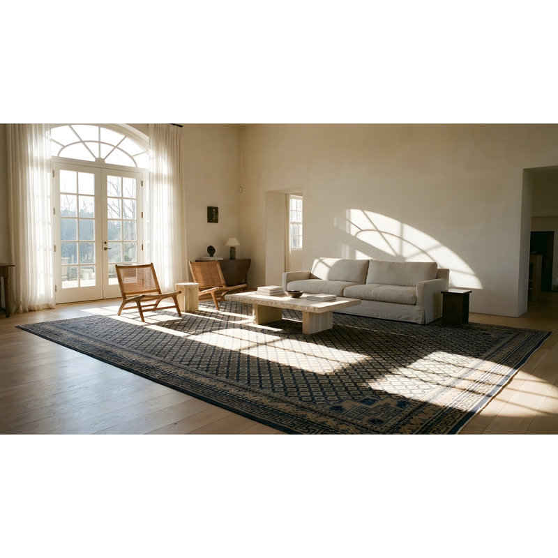 Tapis bleu antique rectangulaire en laine noué à la main à motif géométrique années 1920