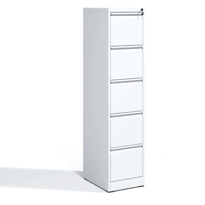 Lockable 5 Drawer Metal File Cabinet, Office/Home, Steel, Tilt, Full Extension Drawers, White , Tilt Prevention, Smooth