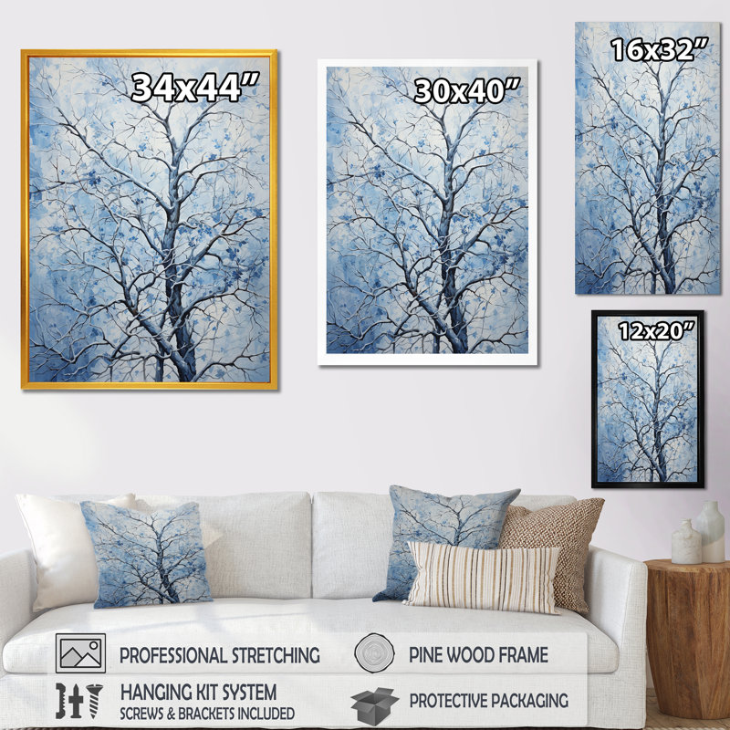 «Blue and White Tree Blooms In Winter III», art mural arbre, Cadre flottant doré, H 32 po x l 16 po x P 1 po