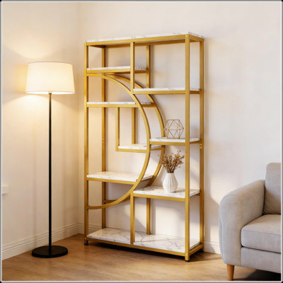 Spacious Etagere, Freestanding Display Shelf, Bookcase with Half-Moon Design and Durable Metal Frame for Modern Interiors