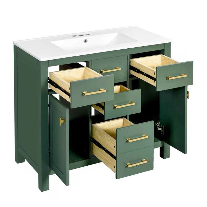 Ensemble de meuble-lavabo simple 36 po avec lavabo en céramique 36 po, armoire de salle de bain moderne autoportante avec 4 tiroirs et 2 armoires, meuble de rangement pour salle de bain, ensemble de meuble-lavabo avec cadre en bois massif, vert