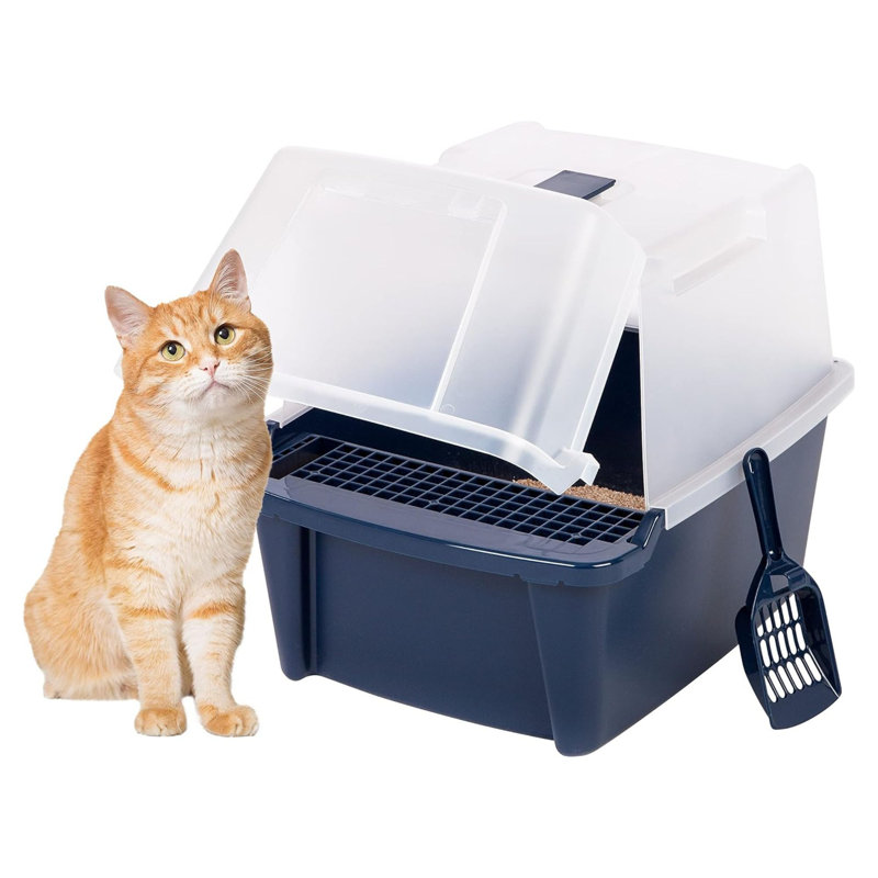  Covered Cat Litter Box, Enclosed Hood Split Top Entry Flap, Scoop, Navy