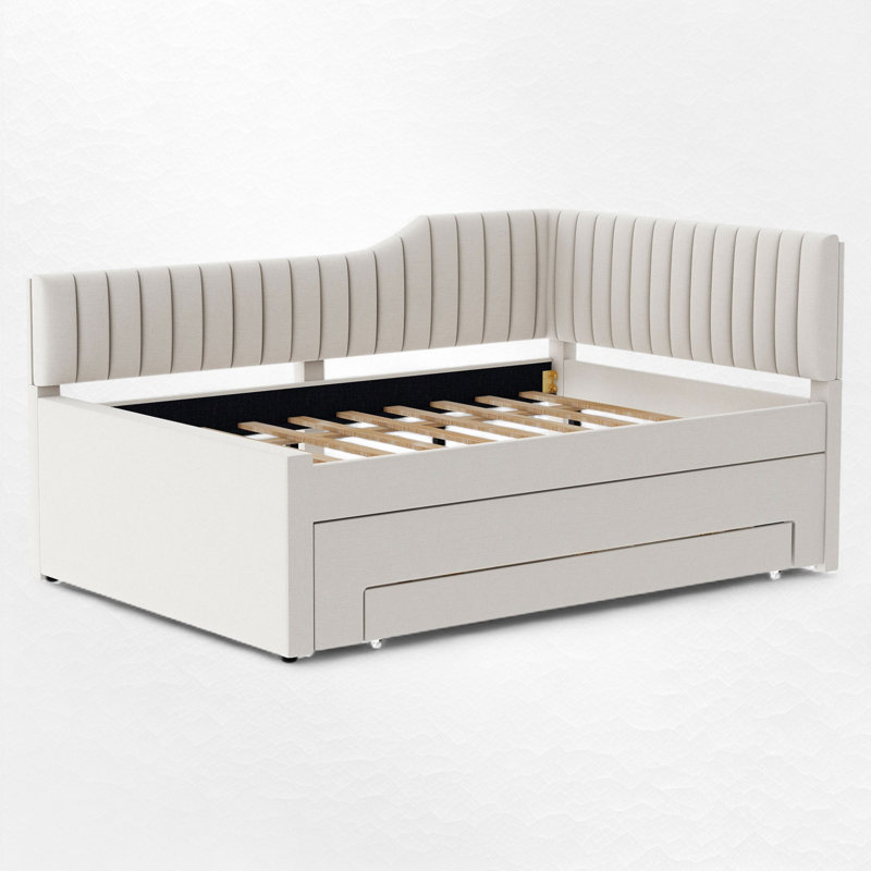Upholstered Daybed With Trundle And Drawer, Beige, Full/Double