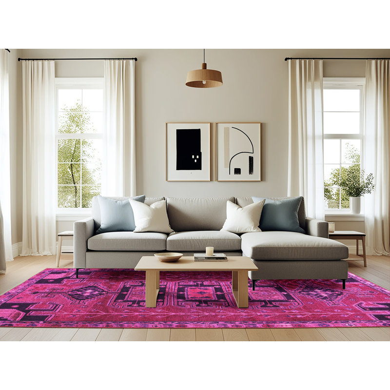 Tapis oriental en laine / polyester tissé à la machine en rose / noir, Rectangle 6 pi x 9 pi