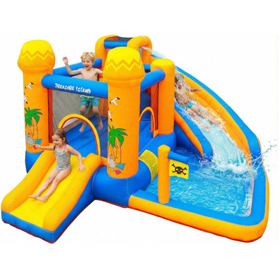 11' x 11' Treasure Island Inflatable Bounce House with Dual Water Slides, Splash Pool & 450W Air Blower for Kids Backyard Water Park