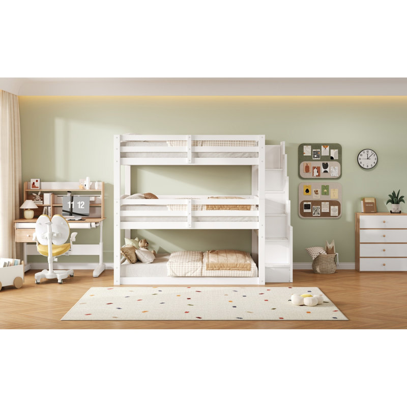 Spacious White Wood Triple Beds With Storage, Multifunctional Design For Family
