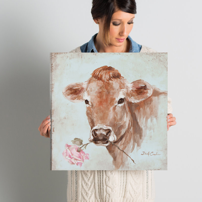 « Cow with Rose », reproduction, H 18 po x l 18 po x P 1,5 po, Toile flottante en bois naturel avec cadre flottan