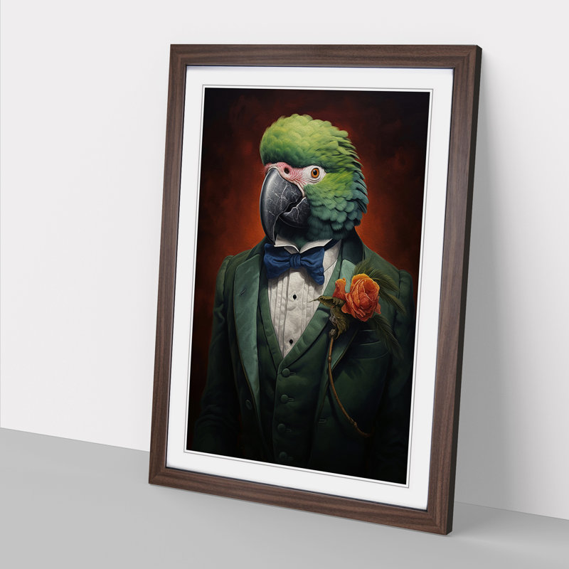 Parrot In A Suit - Single Picture Frame Print on Wood, 46cm H x 34cm W x 2cm D, Walnut