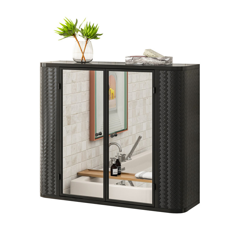 Rangement noir antique pour salle de bain, 2 miroirs, tablette ouverte, style Mid-Century moderne, portes d'armoire à miroir de 23,18 po de hauteur et 25,03 lb, compartiment en métal, hauteur contemporaine