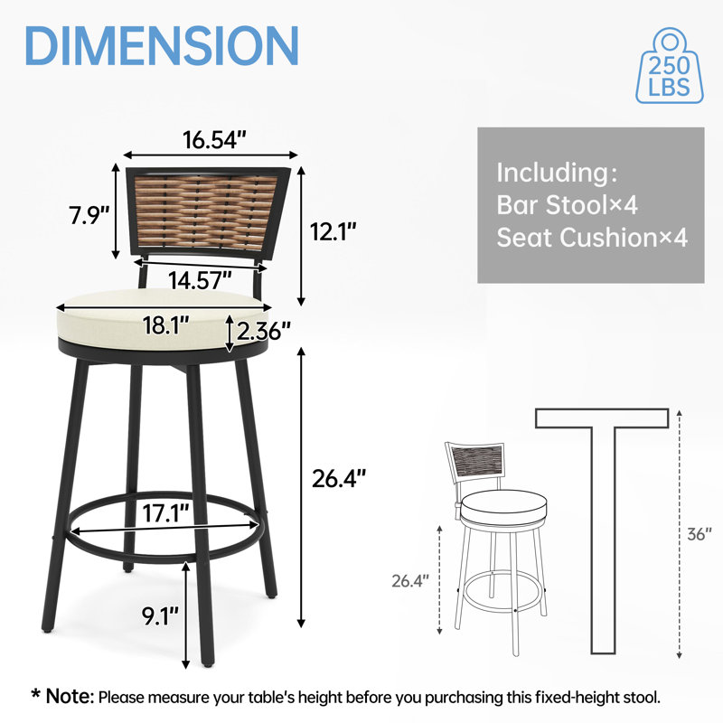 Tabouret de bar et de comptoir pivotant avec coussin (ensemble de 4)