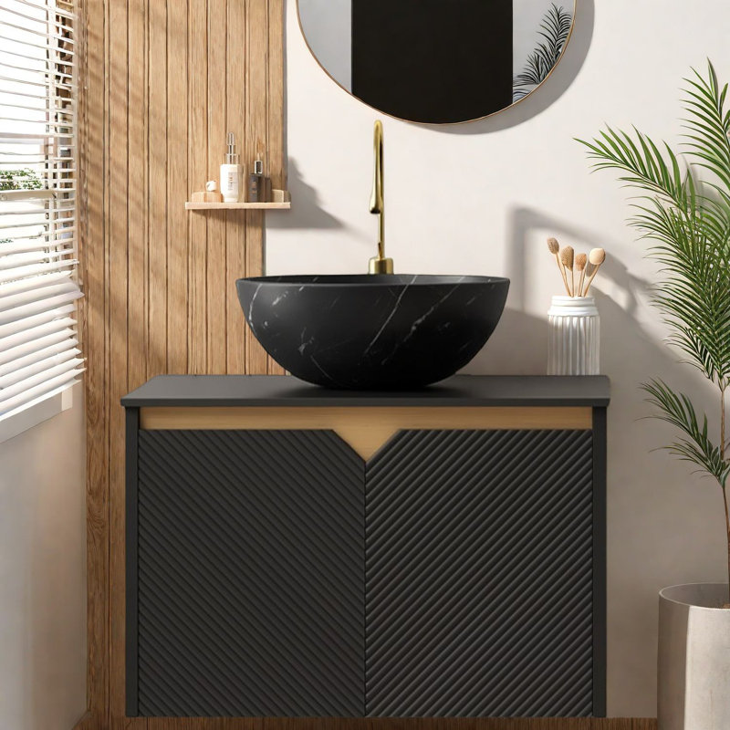 Meuble-lavabo mural moderne avec lavabo, lavabo en céramique noire, finition noire