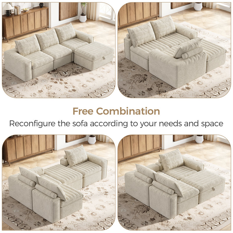 Boneless 106.7" Modular Sectional Sofa with Deep Seat, Upholstery L Shaped Cloud Couch for Living Room, 3-Seater Modern Boneless Sofa with Movable Ottomans, Removable Cover, No Assembly Required