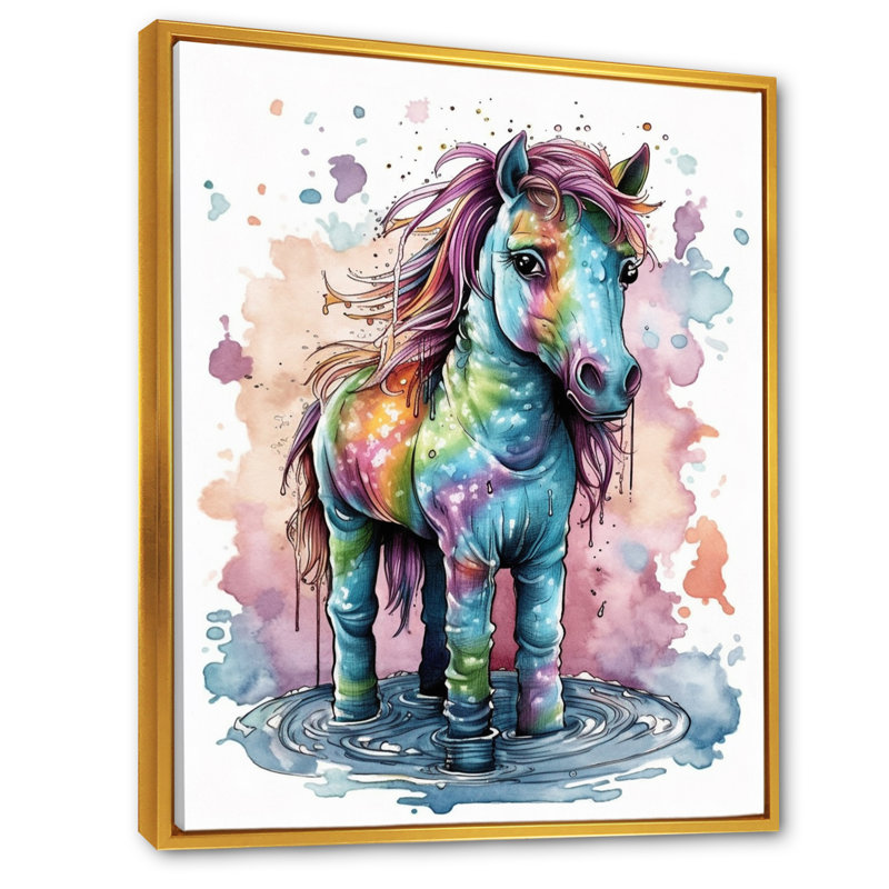 Arc-en-ciel, licorne mystique, H 20 po x l 12 po x P 1 po, Cadre flottant doré
