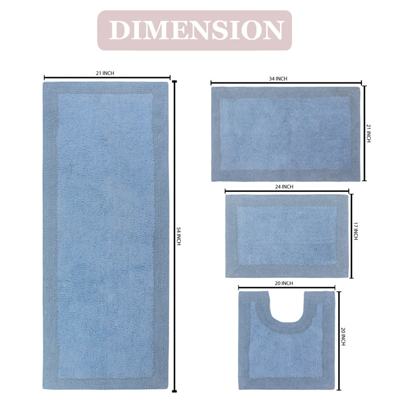 Bruss Luxury 100% Cotton Bath Rug (Set of 4) Reversible, Blue