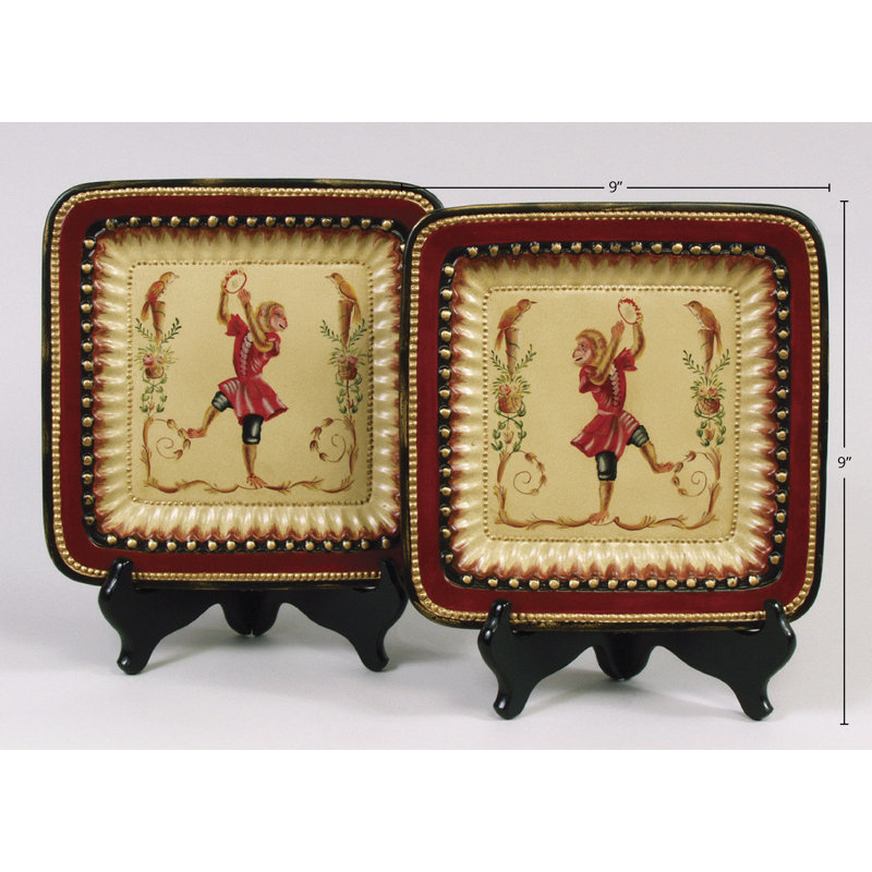 2-Piece Hand painted Square Monkey Decorative Plate Set