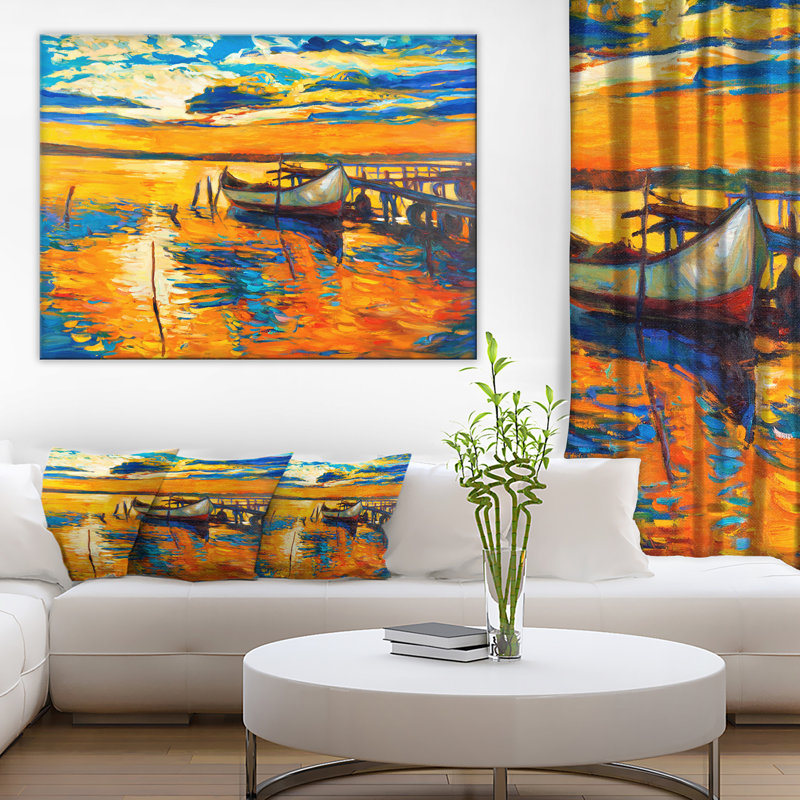 Bateau et jetée au coucher du soleil, reproduction sur toile tendue, H 20 po x l 20 po x P 1 po, Métal