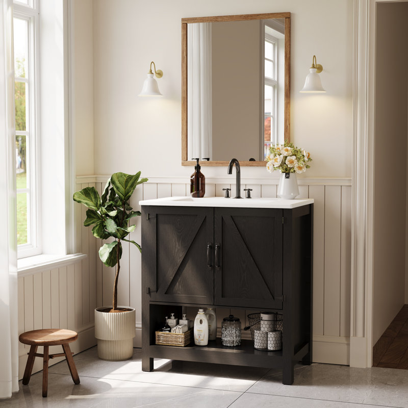 Meuble-lavabo simple 30 po avec comptoir en céramique et lumière DEL, Black