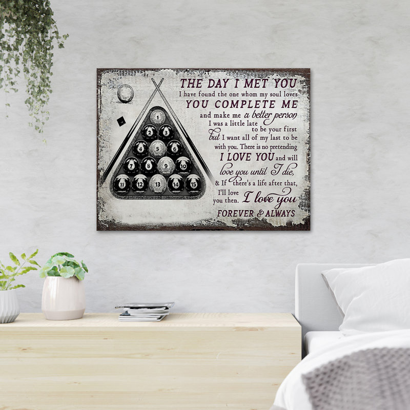Boules de billard sur fond blanc - «The Day I Met You…», reproduction d'art graphique sur toile tendue