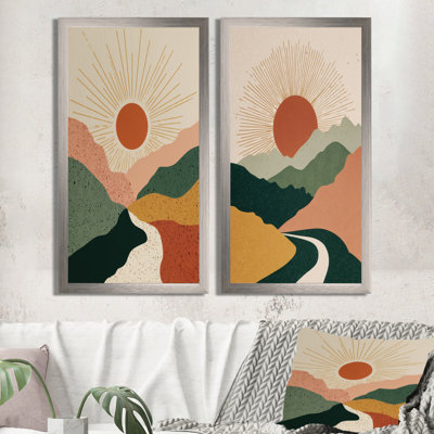 Sunrise Mirror Of Mountains Landscape - Midcentury Modern 2 Piece Wall Art