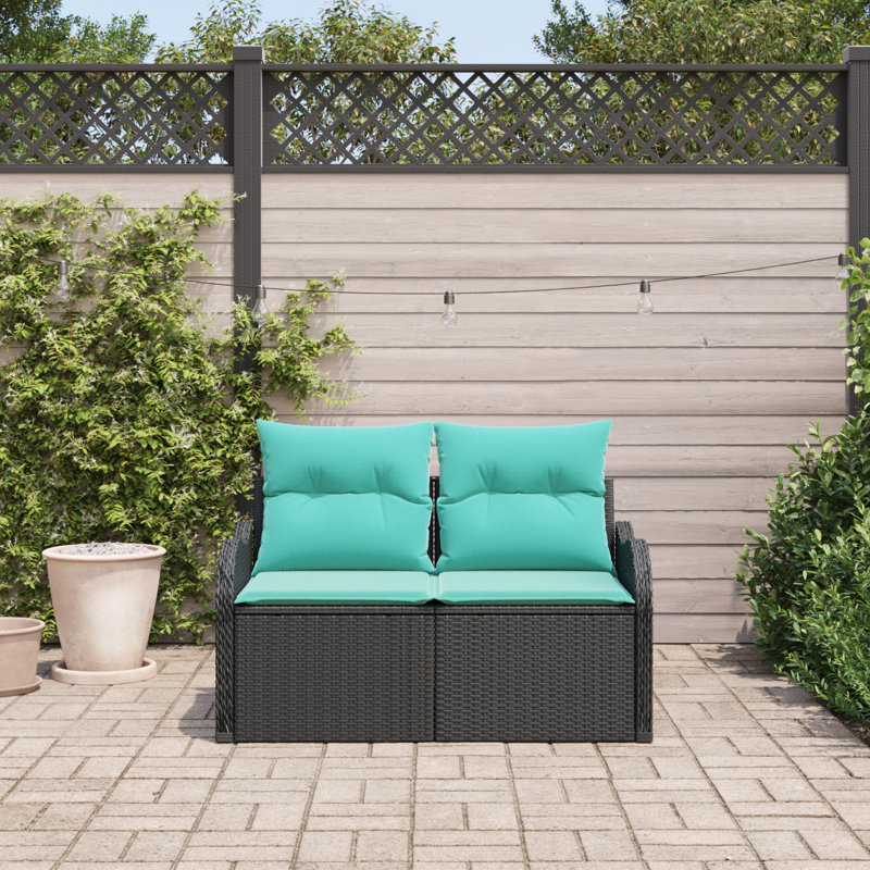  Canapé d'extérieur 2 places avec coussins en rotin de polyester noir, Structure noire / Coussin bleu