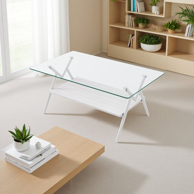 Table basse rectangulaire avec plateau en verre trempé et pieds en métal, table moderne pour le salon