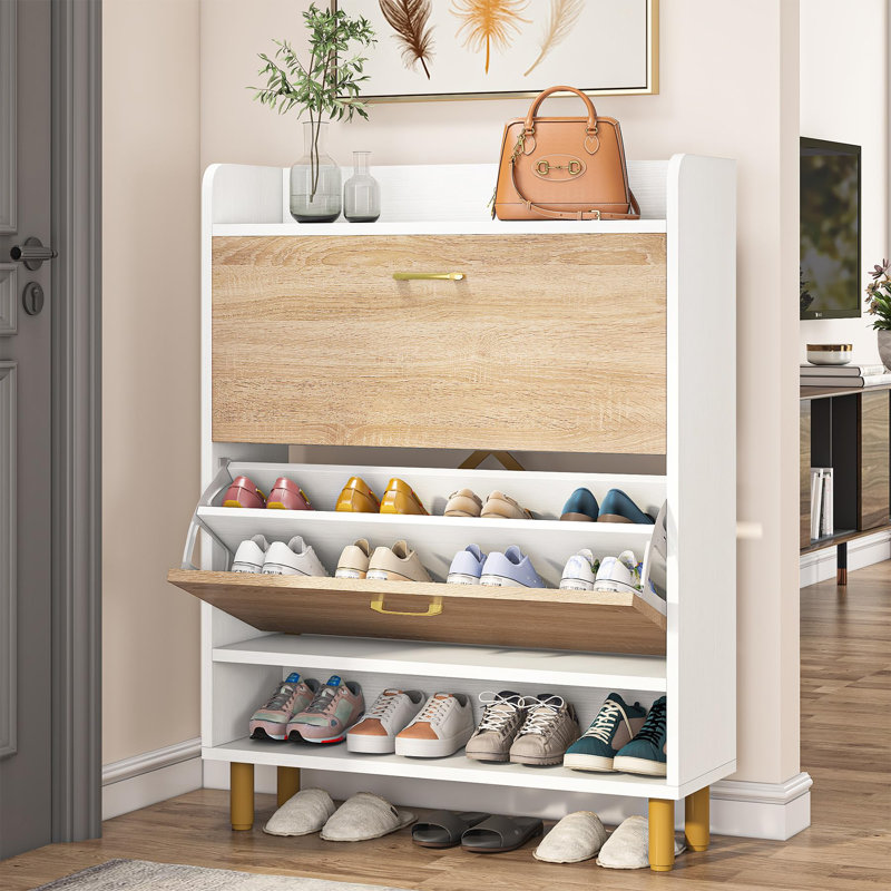 22 Pair Solid Wood Shoe Storage Cabinet, White/Brown