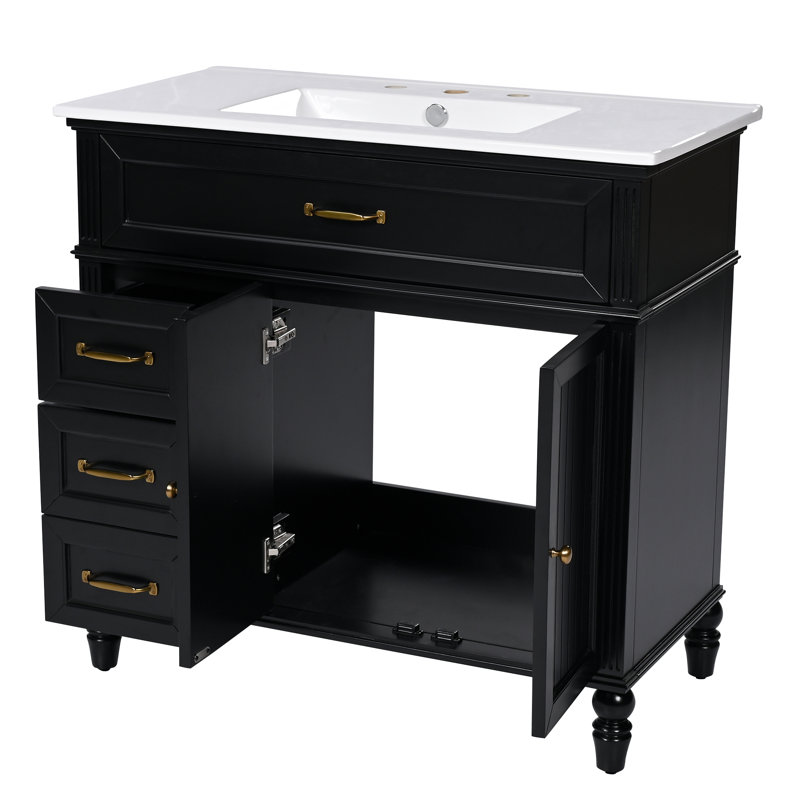 Meuble-lavabo simple 36 po avec plateau en céramique, Noir, Doré