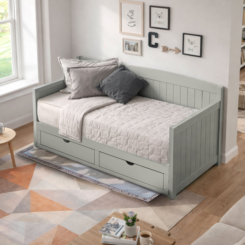 Solid Wood Twin Daybed with Trundle and Drawers, Dove Gray, Gray