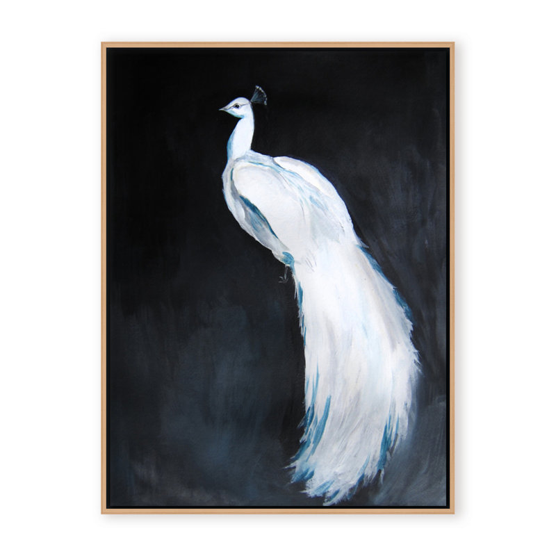 Nature Inspired Alabaster Majesty: White Peacock Against The Night, 48" H x 36" W x 2.375" D, Framed Canvas, Brown