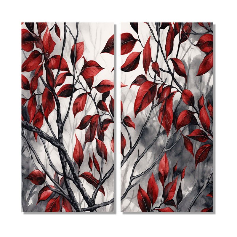 Feuilles rouges et grises sur un arbre VI - décoration murale rouge, H 32 po x l 32 po, Toile tendue, Ne s’applique pas