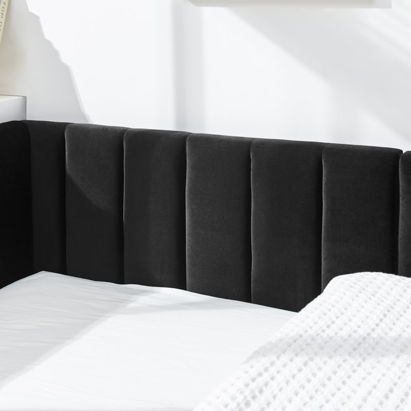 Structure de lit double capitonnée en velours, dossier de canapé avec dossier confortable et accoudoirs, Noir