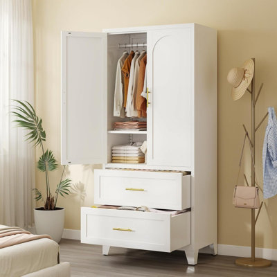 71'' Steel Wardrobe Cabinet With 2 Doors Hanging Rod, Closet Adjustable Shelf And 2 Drawers For Bedroom,Entryway, White