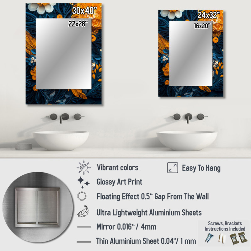 Blanc blanc, floral, botanique, tourbillon I - Botanicals, miroir mural unique, 32 po x 24 po