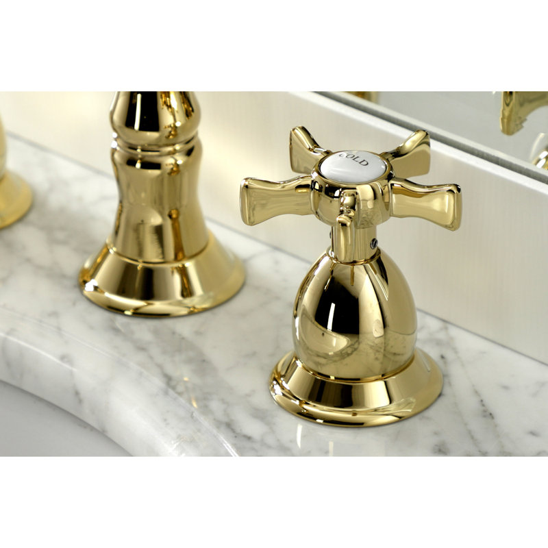 Kingston Brass Hamilton Two-Handle 3-Hole Deck Mount Widespread Bathroom Faucet with Brass Pop-Up Drain, Polished Brass