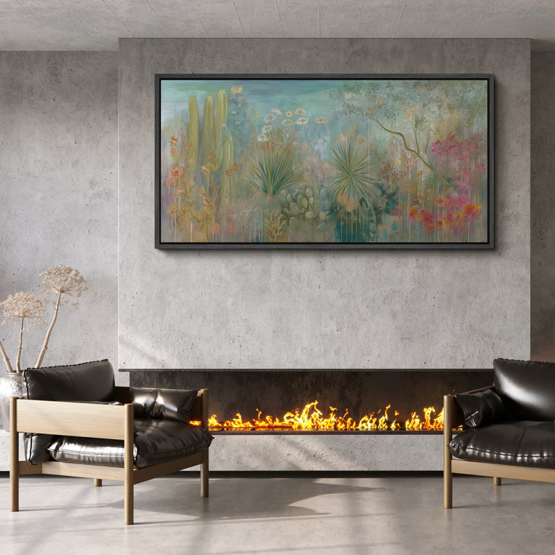 «Dreamy Desert Botanical Landscape with Cactus and Wildflowers», impression murale sur toile encadrée, 30" H x 60" W x 1.5" D
