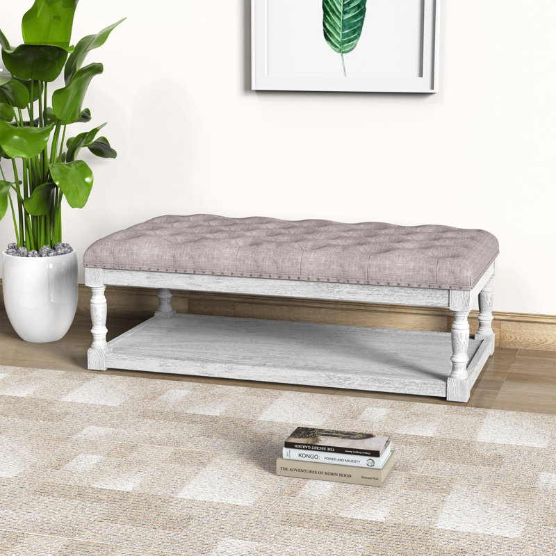 Upholstered Ottoman, Gray Linen Blend, White