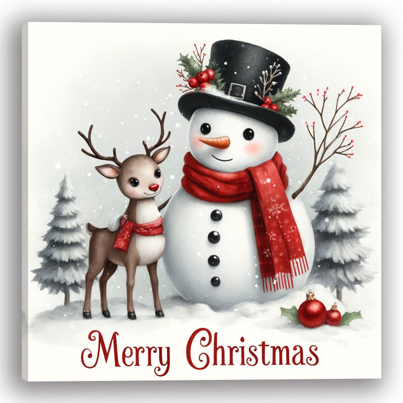 «Festive Friends: Snowman and Reindeer Holiday Greetings», art sur toile, H 40 po x l 40 po x P 1,5 po