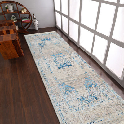 Tapis de couloir lavables à la machine Crayton - Tapis de couloir | Ivoire bleu | Conception orientale, tapis de salon, chambre à coucher