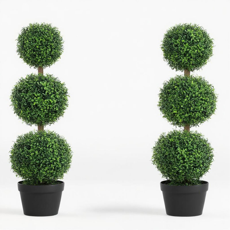 Set Of 2 Decorative Artificial Plants, Topiary Ball-Shaped Boxwood Trees In Pot, Fake Plants For Home Indoor Outdoor Decor, 39.4 Inch, Green