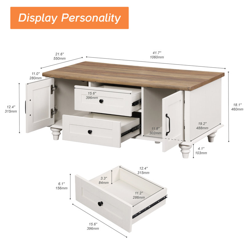 Table basse en bois rustique avec armoire de rangement, Plateau brun / structure blanche
