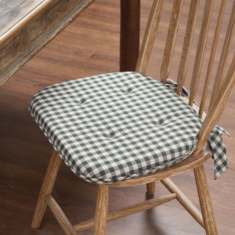 Deep Moss Green Gingham Cotton Chair Pad - 15.5x17 Cushioned Seat Cushion - , Green/Tan Checkered